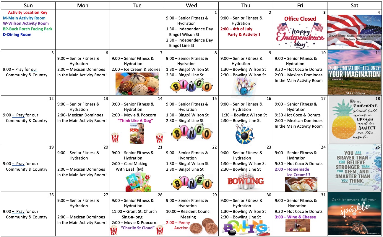 Activities Calendar July 2020 New Riverside Senior Living